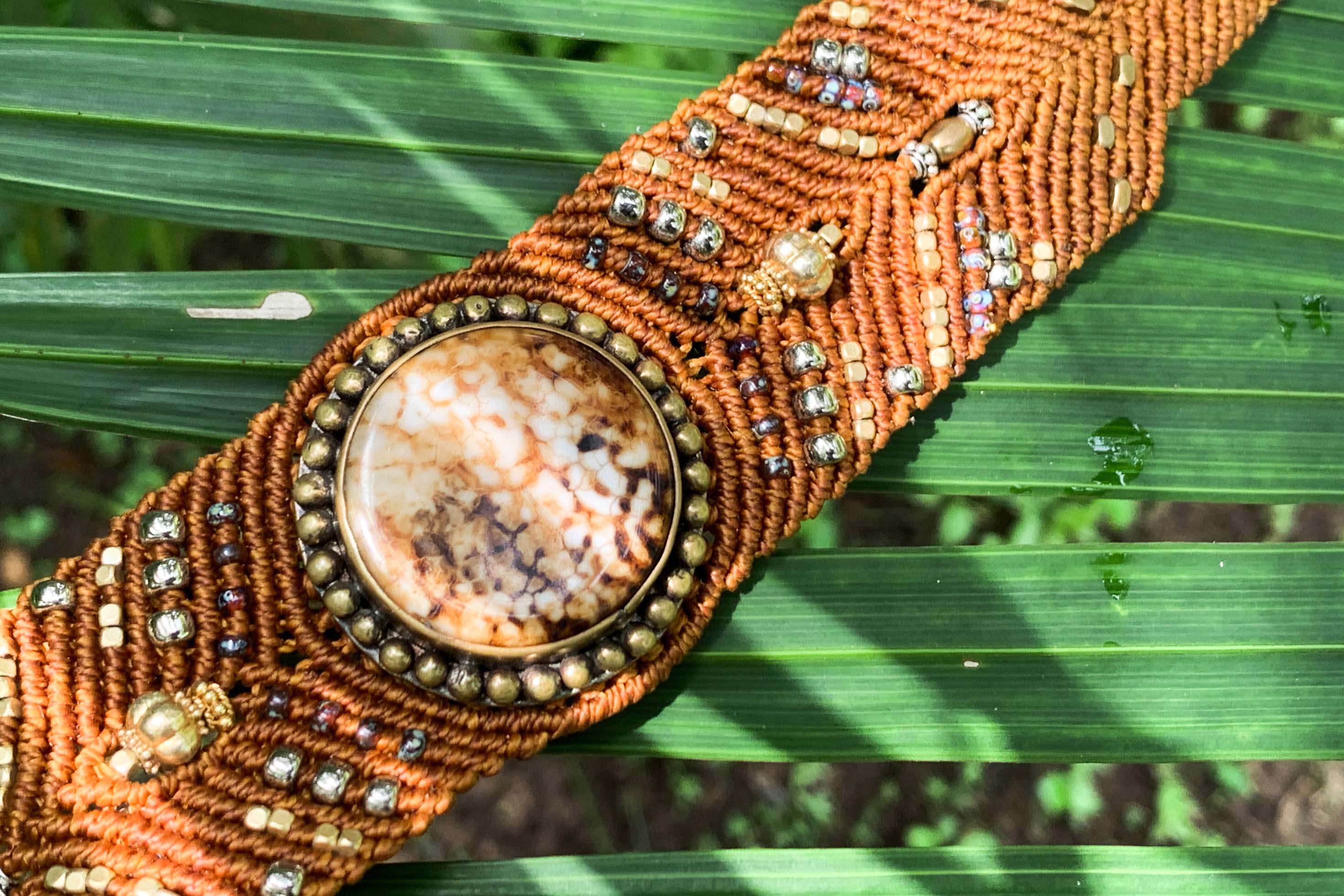 Boho chic saffron yellow fashion leather embroidered cuff bracelet